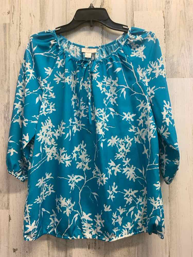 PRE-OWNED LOFT Tops Size M AQUA/WHT FLORAL & BRANCHES 3/4 LENGTH Blouse/3/4 SLEE