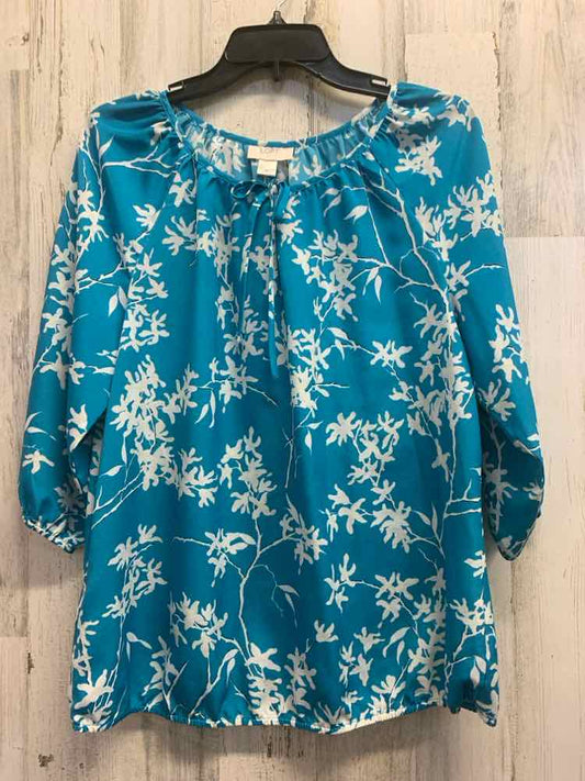 PRE-OWNED LOFT Tops Size M AQUA/WHT FLORAL & BRANCHES 3/4 LENGTH Blouse/3/4 SLEE