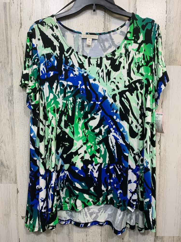 PRE-OWNED DANA BUCHMAN Tops Size XL WHITE/BLUE/GREEN/BLACK ABSTRACT Shirt/SHORT