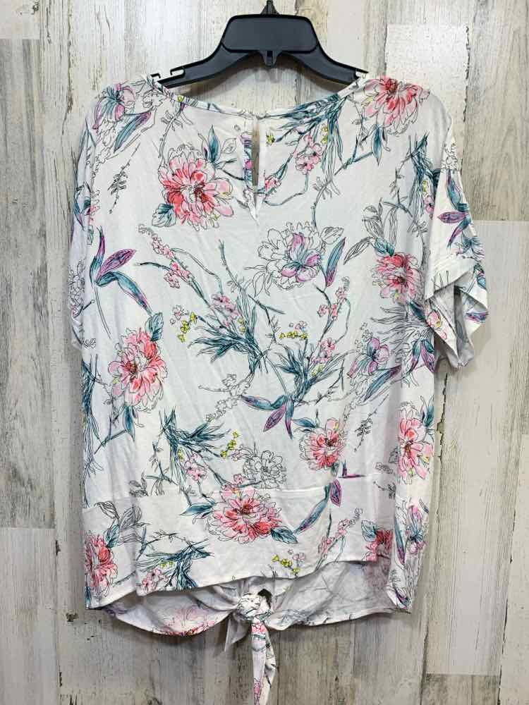 PRE-OWNED BUFFLO Tops Size L WHT/TEAL/PRPL/PINK/BLCK Floral TIES ON FRONT Shirt/