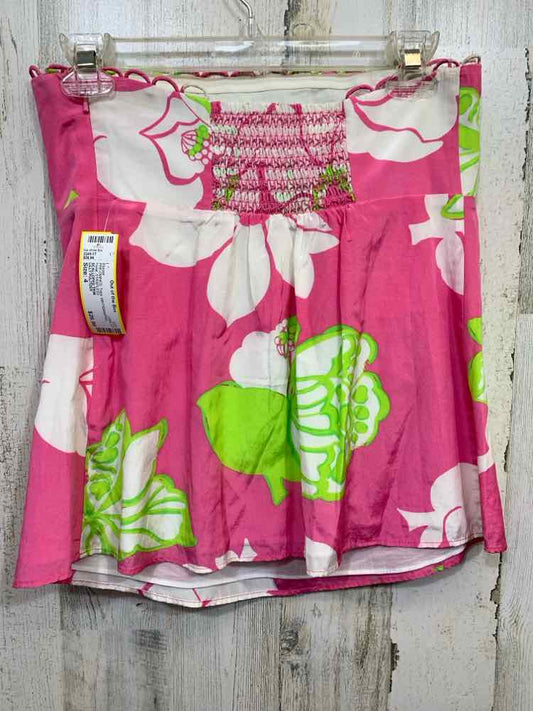 PRE-OWNED LILLY PULITZER  Size 4 WHT/GRN/PNK Floral STRAPLESSW/SCALLOPED TRIM