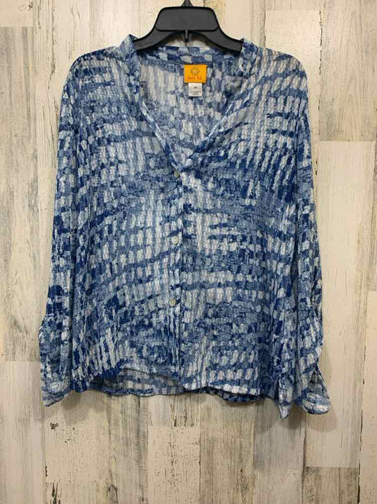 PRE-OWNED RUBY RED Tops Size 12 BLUE/WHITE LONG SLEEVE TOP/V CUT NO COLLAR