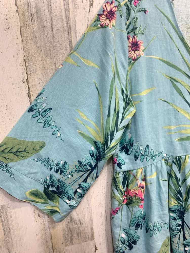 PRE-OWNED KAKTUS Tops Size S AQUA/GREEN/HOT PINK PALM FRONDS 3/4 SLEEVE Blouse/P