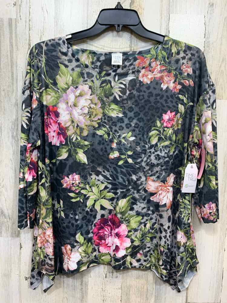 NWT TIME AND TRUE Tops Size L EARTH TONES CHEETAH & FLOWERS 3/4 LENGTH Shirt/3/4