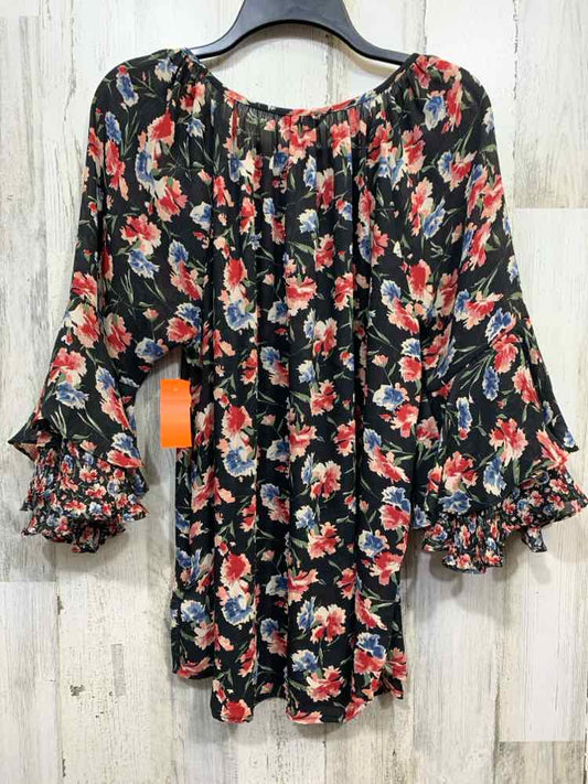 PRE-OWNED M Tops Size M BLK/PNK/WHT Floral BELL SLEEVES Blouse