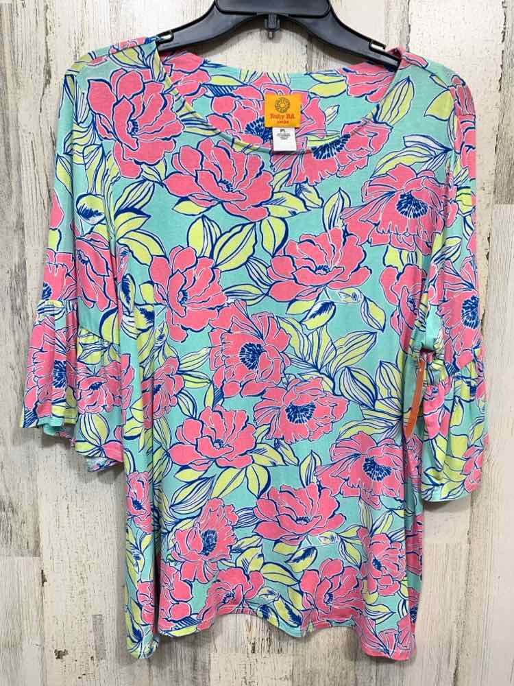 PRE-OWNED RUBY ROX Tops Size PL AQUA/PNK/YLW Floral 3/4 SLEEVE Blouse