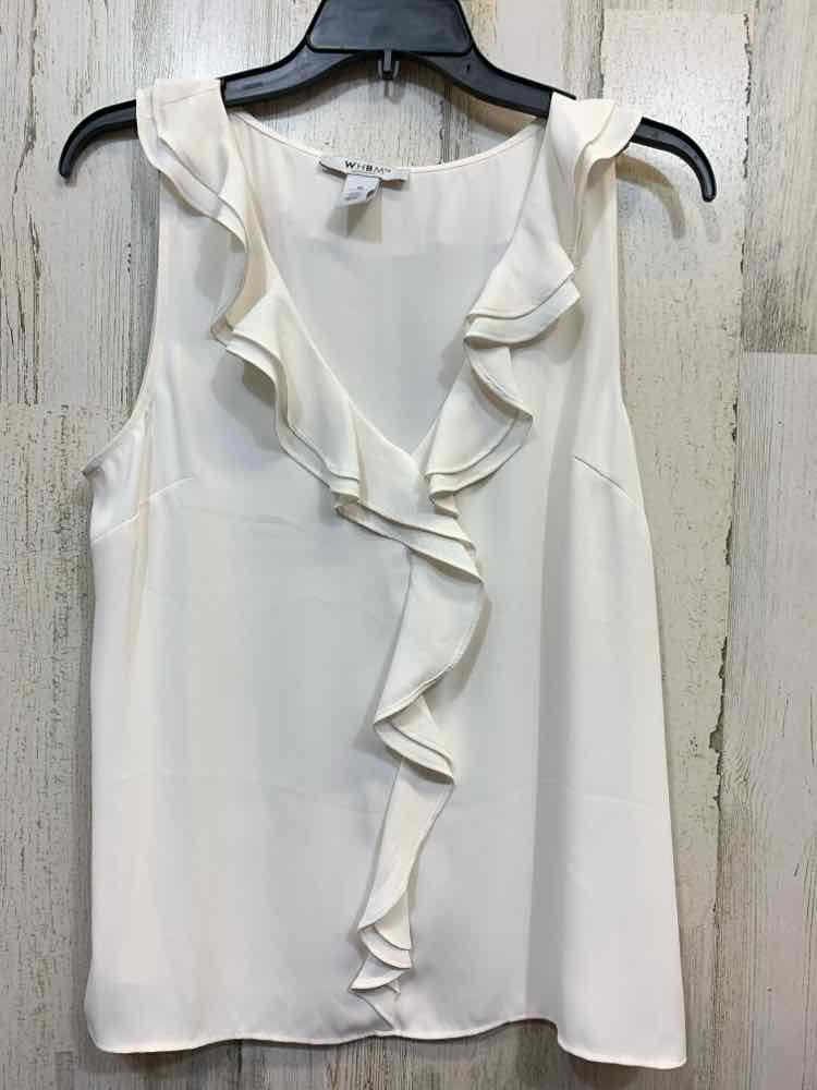 PRE-OWNED WHBM Tops Size M White Solid SLEEVELESS Blouse/RUFFLED NECK
