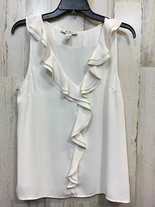 PRE-OWNED WHBM Tops Size M White Solid SLEEVELESS Blouse/RUFFLED NECK
