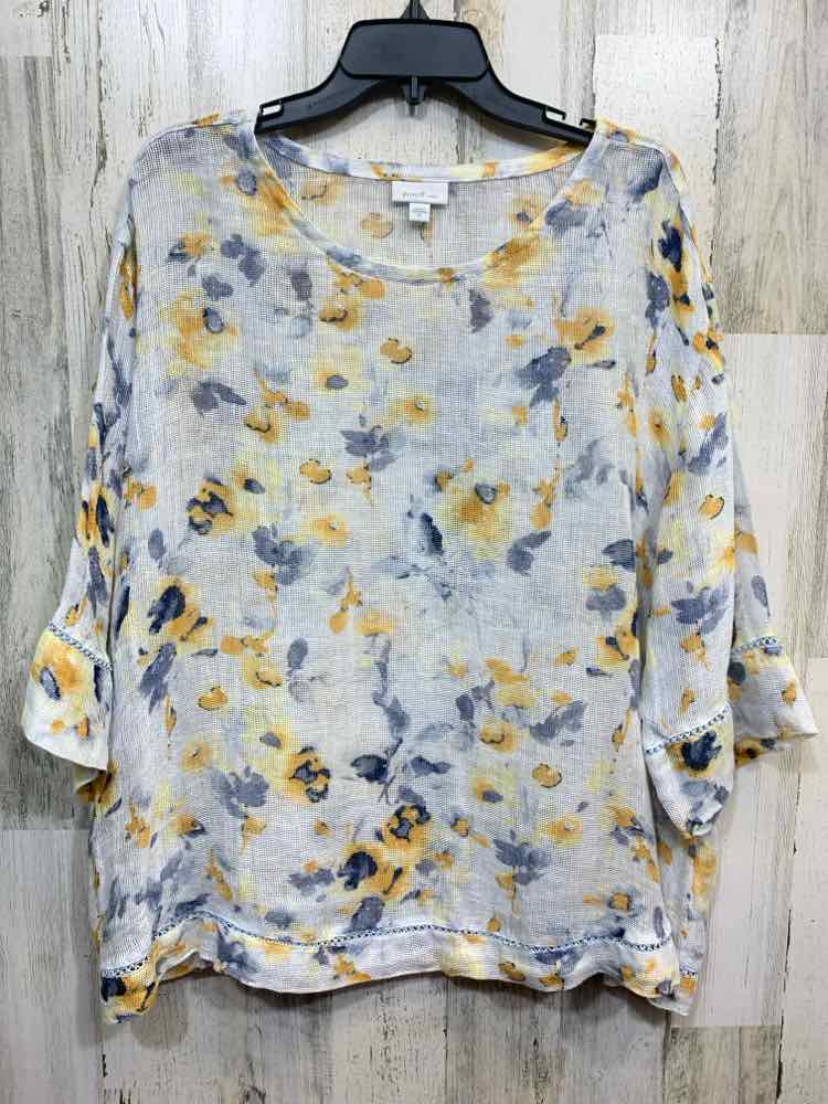 PRE-OWNED PUREJILL Tops Size L WHITE/BLUE/YELLOW Floral 3/4 SLEEVE Blouse