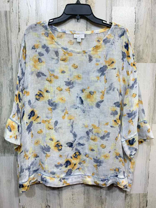 PRE-OWNED PUREJILL Tops Size L WHITE/BLUE/YELLOW Floral 3/4 SLEEVE Blouse