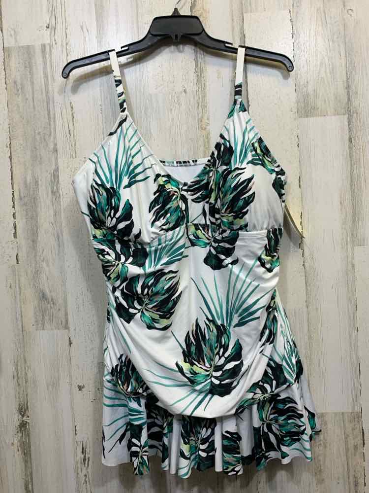PRE-OWNED SONNET SHORES Swimwear Size 24 WHITE/GREEN LEAFS VNECK Swimsuit/SWIM D