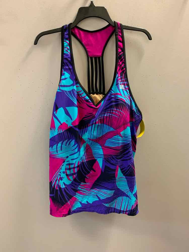 ZERO XPOSURE Swimwear Size 22 AQUA/PURP/PNK/BLK PALMS SPAGHETTI STRAP Swimsuit