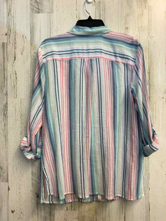 PRE-OWNED CHICOS Tops Size XL BLU/PNK/WHT Stripe LONG SLEEVES TOP