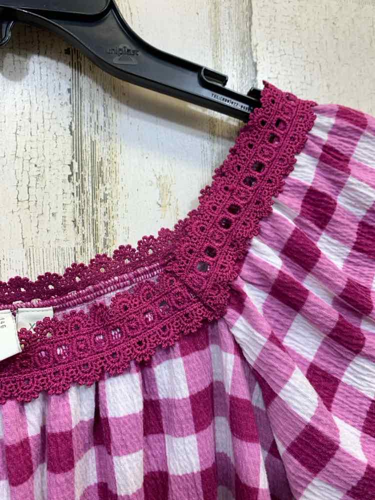 PRE-OWNED EST 1946 Tops Size XL WHT/PLUM Checkered SHORT SLEEVES/LACE TRI Blouse