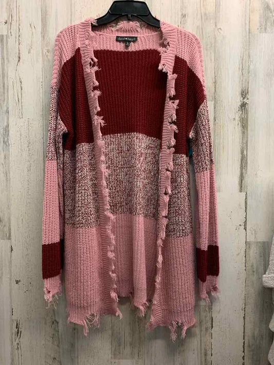 PRE-OWNED DEREK HEART Tops Size L PINK/WINE STRIPES CARDIGAN Cardigan/PINK/WINE