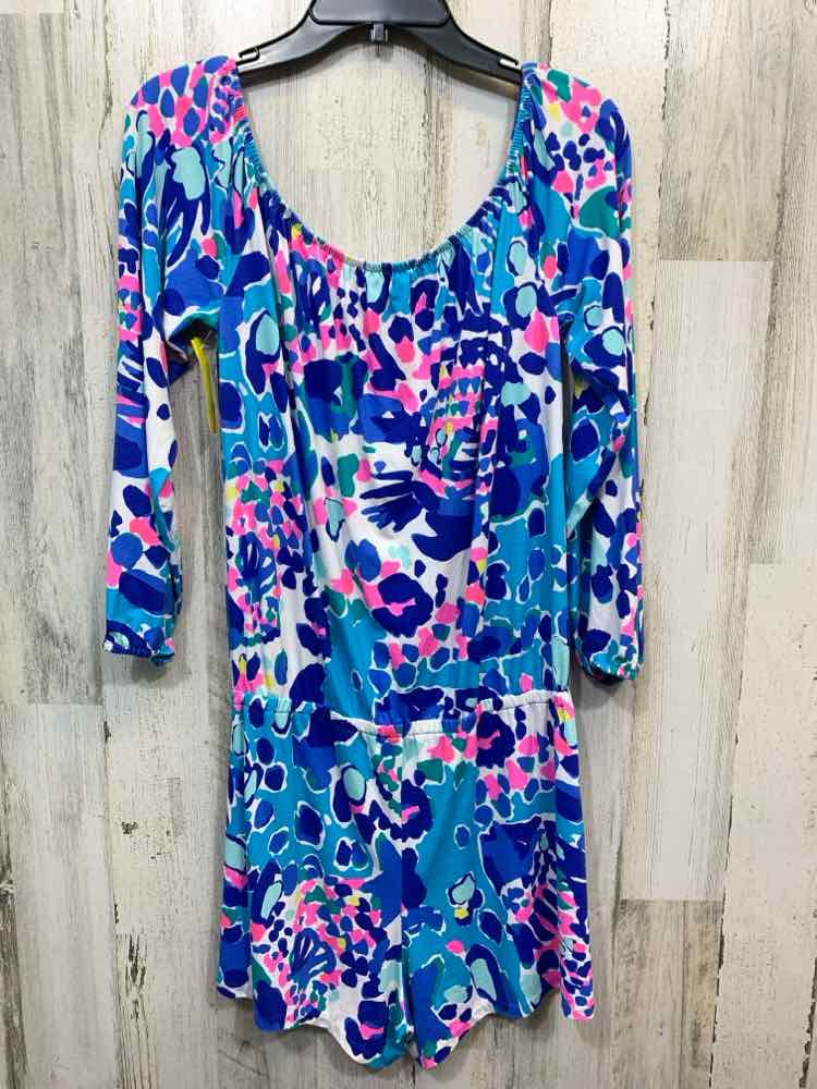 PRE-OWNED LILLY PULITZER BOTTOMS L WHT/BLU/PNK/GRN CORAL REEF PRINT SHORTS