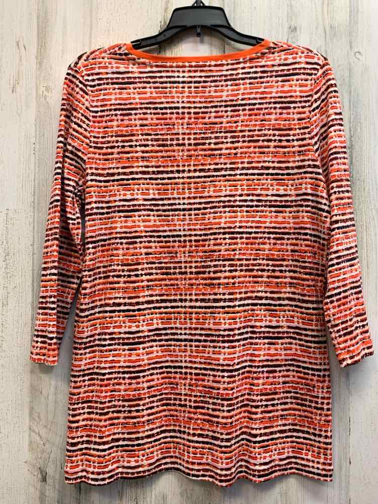 KIM ROGERS Tops Size L ORG/WHT/BLK LINES 3/4 LENGTH TOP