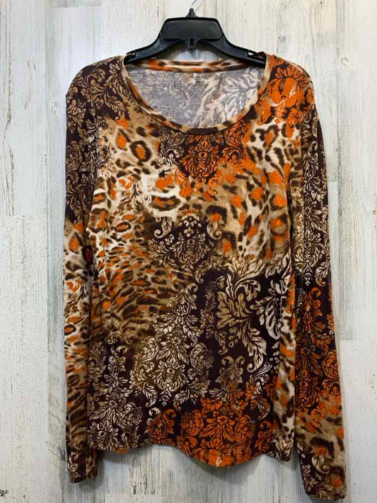 PRE-OWNED JONES NEW YORK Tops Size L ORANGE/BROWN CHEETAH/LEAVES TOP/LONG SLEEVE