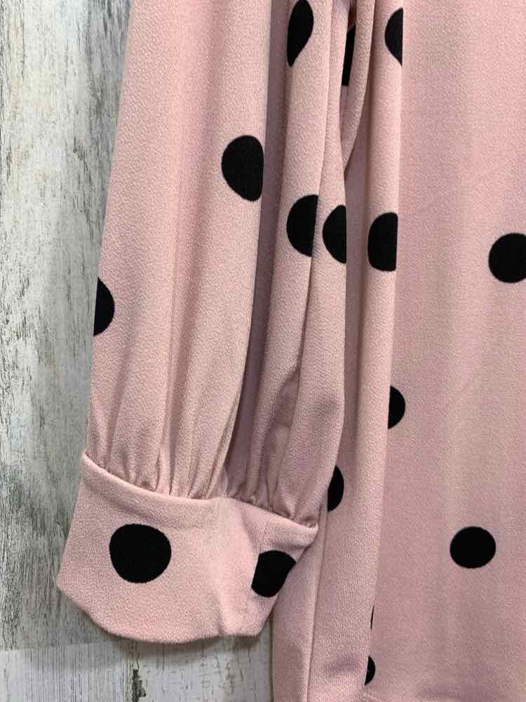 PRE-OWNED ADRIANNA PAPELL Tops Size L BLK/PNK Polka Dot 3/4 CROSS ZIP Blouse