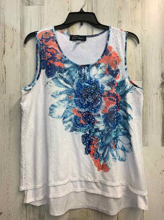 G COLLECTION Tops Size XL BLU/RED/WHT MESH Floral SLEEVELESS TOP