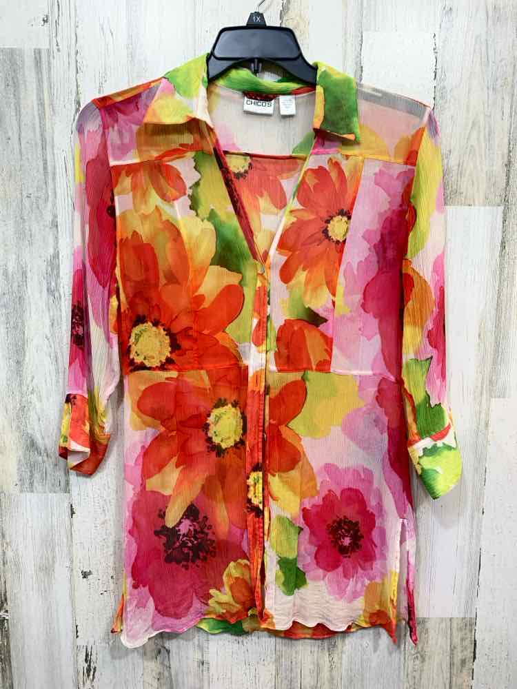 PRE-OWNED CHICO'S Tops Size 1 RED/PINK/YLLOW/GRN/ORNGE Floral BUTTON UP Blouse/F