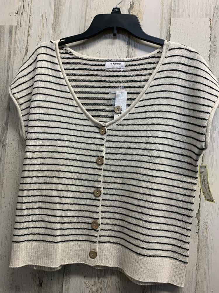 NWT THE WORKSHOP Tops Size L BLACK & WHITE KNIT Stripe BUTTON DOWN Blouse