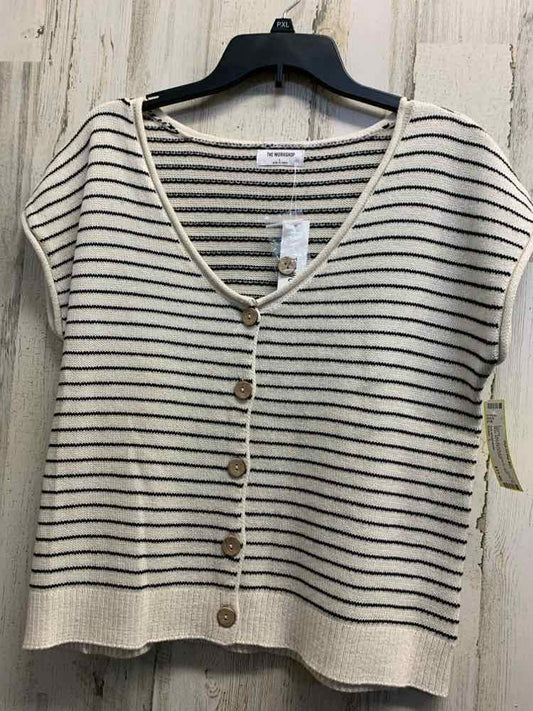 NWT THE WORKSHOP Tops Size L BLACK & WHITE KNIT Stripe BUTTON DOWN Blouse