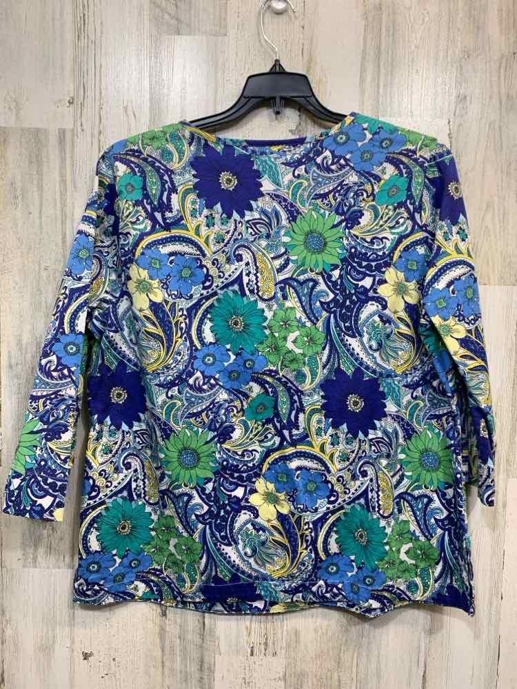 PRE-OWNED TALBOTS Tops Size 1X BLU/WHT/AQUA/YLW FLORAL/PAISLEY 3/4 SLEEVE TOP/V