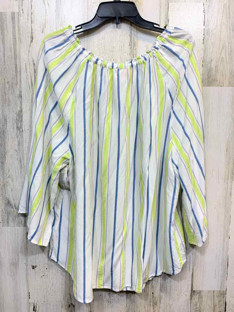 PRE-OWNED RUBY RD PLUS SIZES Size 1X WHT/BLU/YEL STRIPES 3/4 SLEEVE Blouse