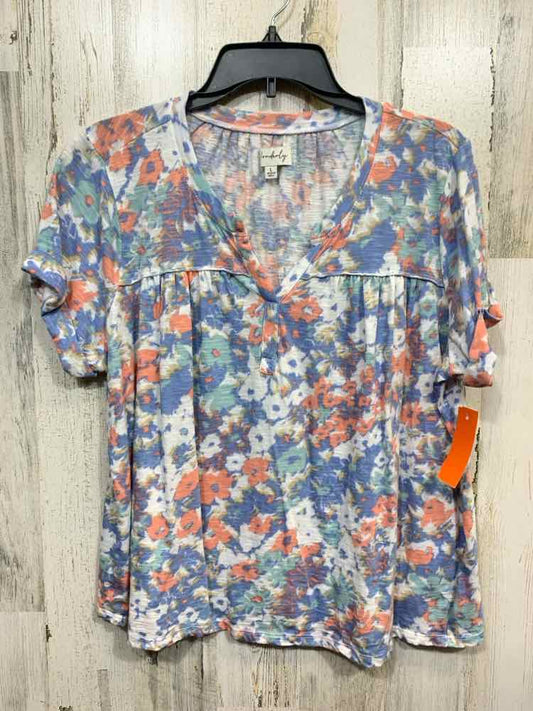 PRE-OWNED WONDERLY Tops Size L WHT/BBY BLU/PNK Floral Blouse