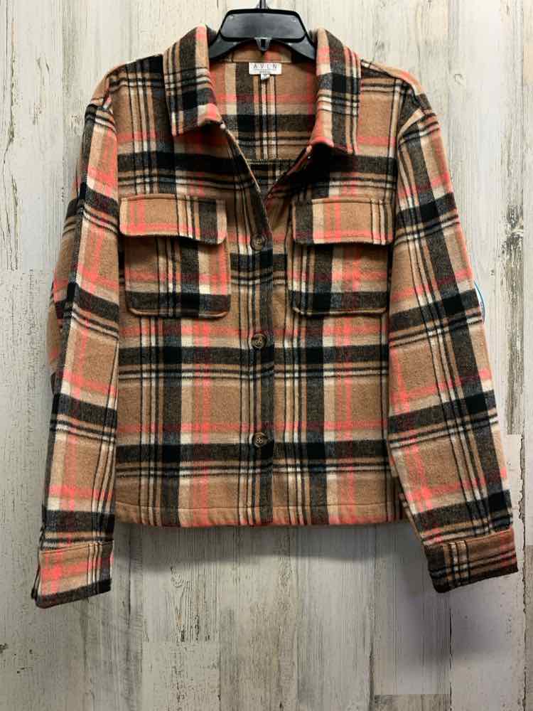 PRE-OWNED AVLN Tops Size M TAN/BLACK/PINK Plaid LONG SLEEVES TOP/LONG SLEEVE PLA