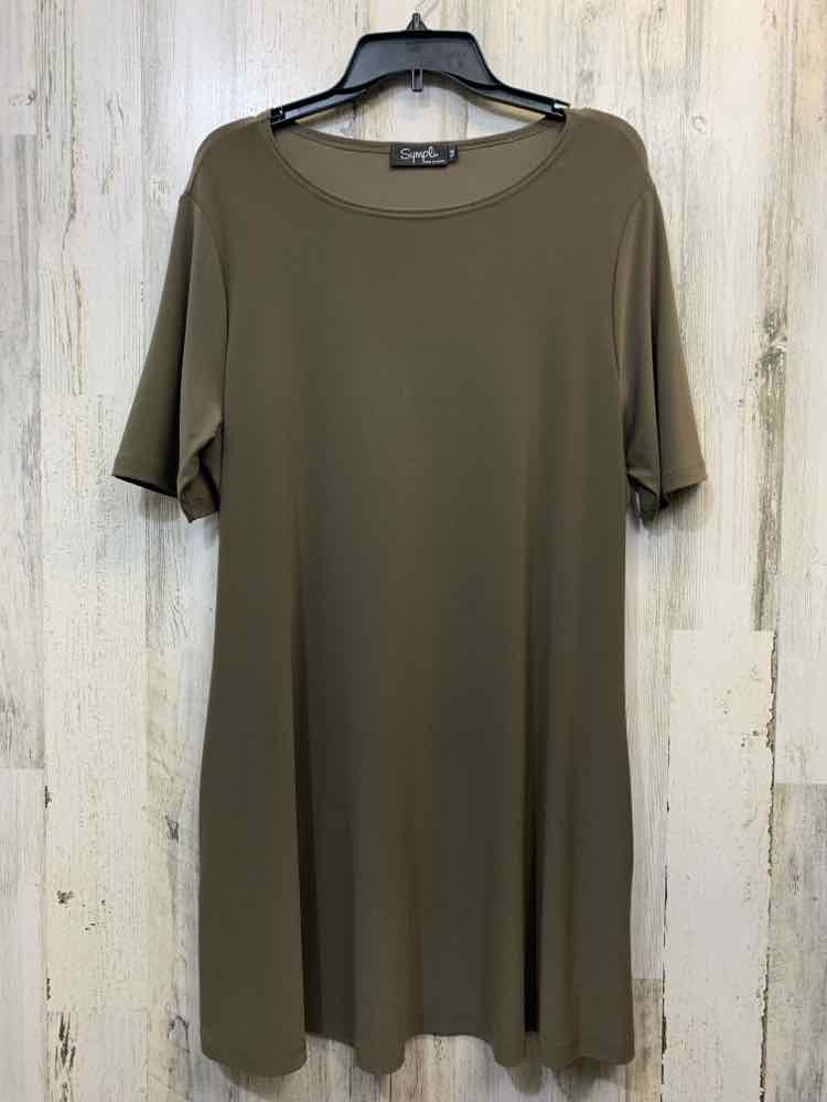 SYMPLI Tops Size 14 Olive ELASTIC Solid SHORT SLEEVES TUNIC WITH SIDE PKTS