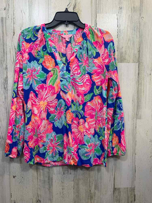 PRE-OWNED LILLY PULITZER Tops Size XS Multi-Color Floral LONG SLEEVE TOP/V CUT N