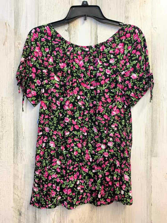 PRE-OWNED CATO Tops Size S BLK/PNK Floral SHORT SLEEVES TOP