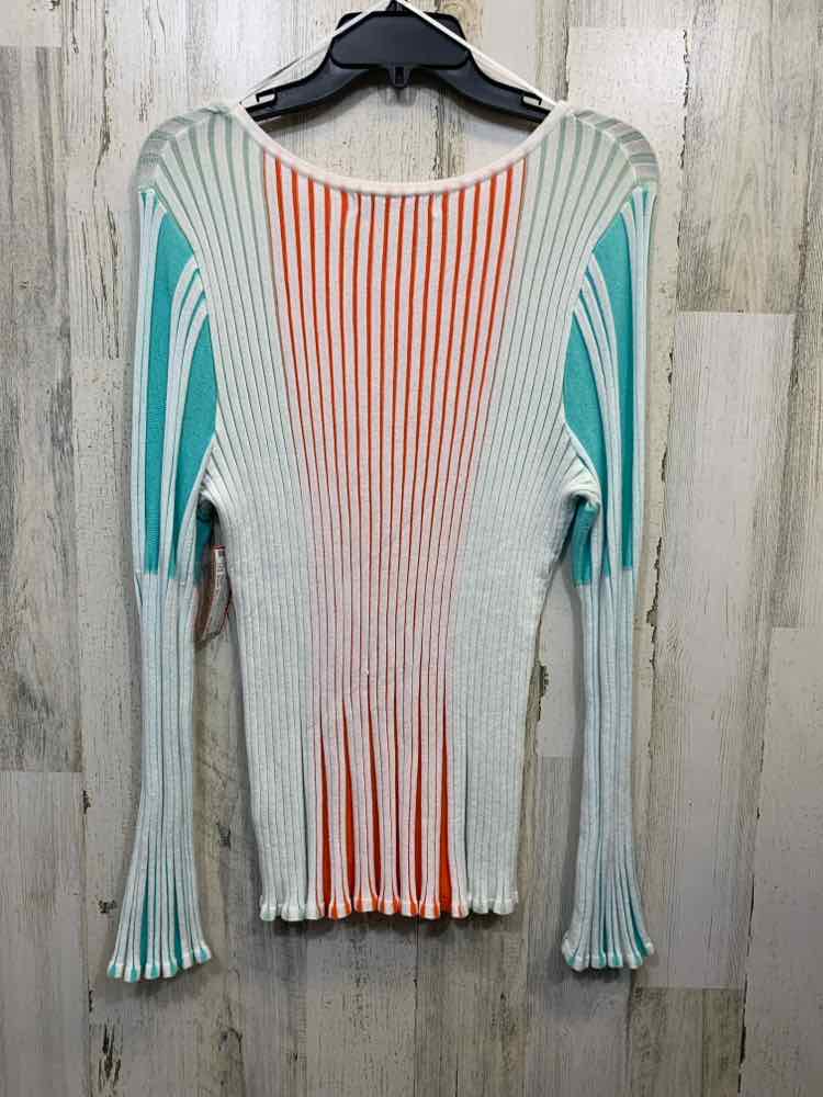PRE-OWNED FEVER Tops Size XL WHITE/AQUA/PEACH TIE DIE LONG SLEEVE TOP/RIBBED CRE