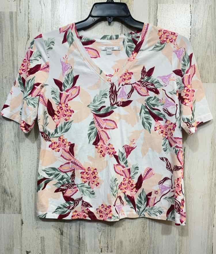 PRE-OWNED CHICO'S Size 1 Tops WHT/BURG Floral SHORT SLEEVES Blouse