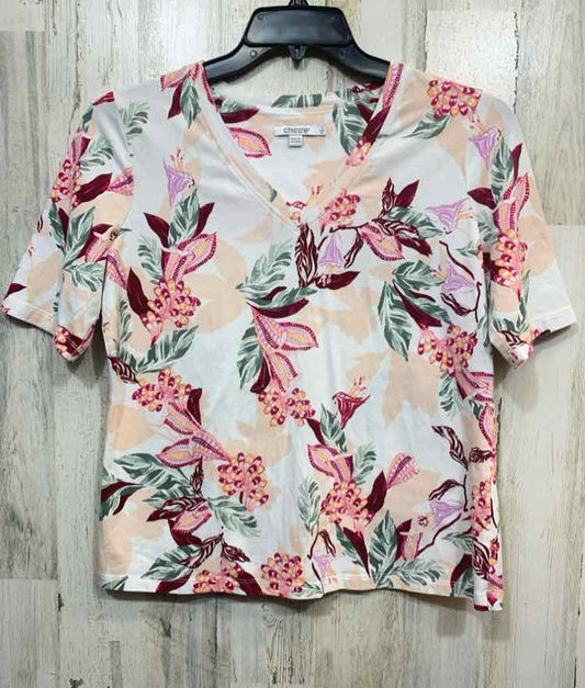 PRE-OWNED CHICO'S Size 1 Tops WHT/BURG Floral SHORT SLEEVES Blouse