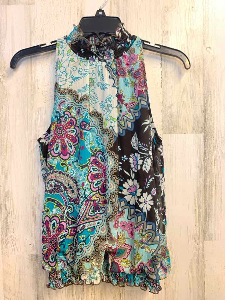 PRE-OWNED IZ Amy Byer Tops Size L AQUA/BLK PAISLEY/FLORAL SLEEVELESS TOP
