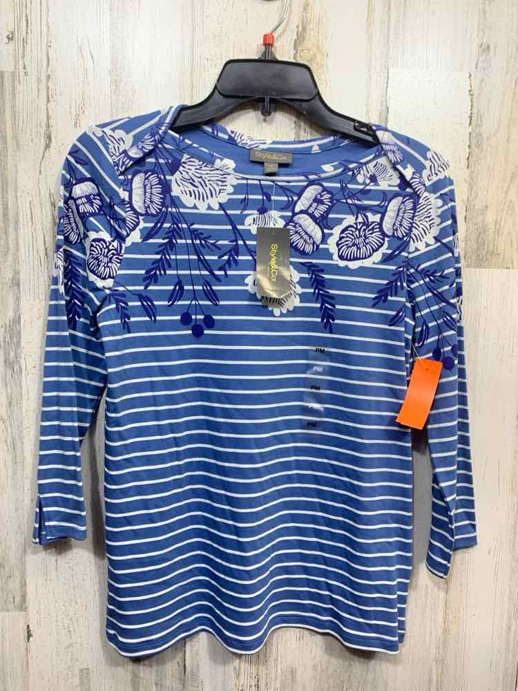 NWT STYLE & CO Tops Size PM LGT BLU/BLU/WHT STRIPE/FLORAL 3/4 SLEEVE Blouse