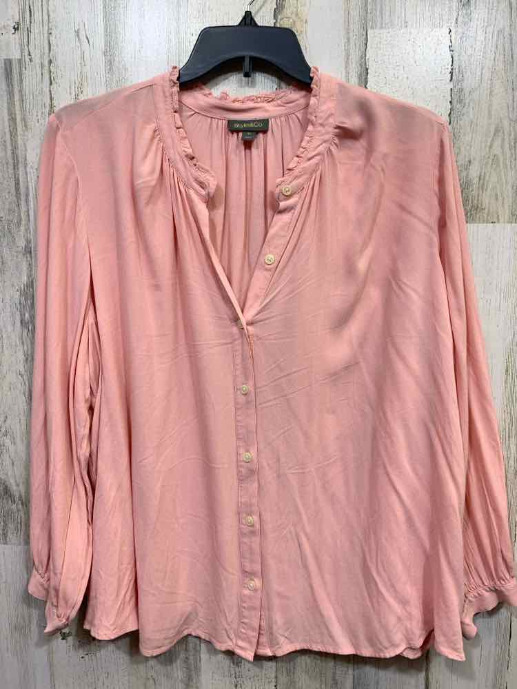 NWT STYLE & CO Size 3X PLUS SIZE Pink BUTTON UP LONG SLEEVES RUFFLED NECK BLOUSE