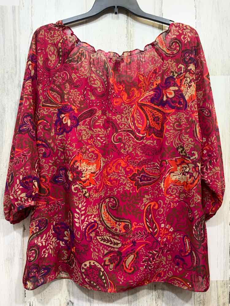 PRE-OWNED CHAPS/3/4 SLEEVE SEMI-SHEER GATHER SPLIT NECK W/ BUTTON AND LINING SEP