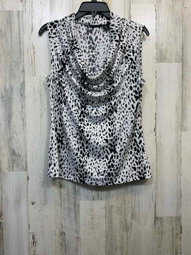 PRE-OWNED TAHARI Tops Size M WHITE/BLACK CHEETAH COWL NECK Shirt/SLEEVELESS COWL