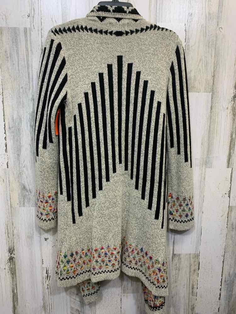 PRE-OWNED FRAZZLE Tops Size M BEG/BLK TRIBAL CARDIGAN Cardigan/OPEN FRONT BEIGE/