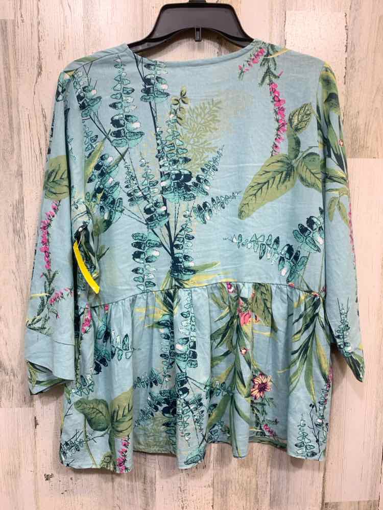 PRE-OWNED KAKTUS Tops Size S AQUA/GREEN/HOT PINK PALM FRONDS 3/4 SLEEVE Blouse/P