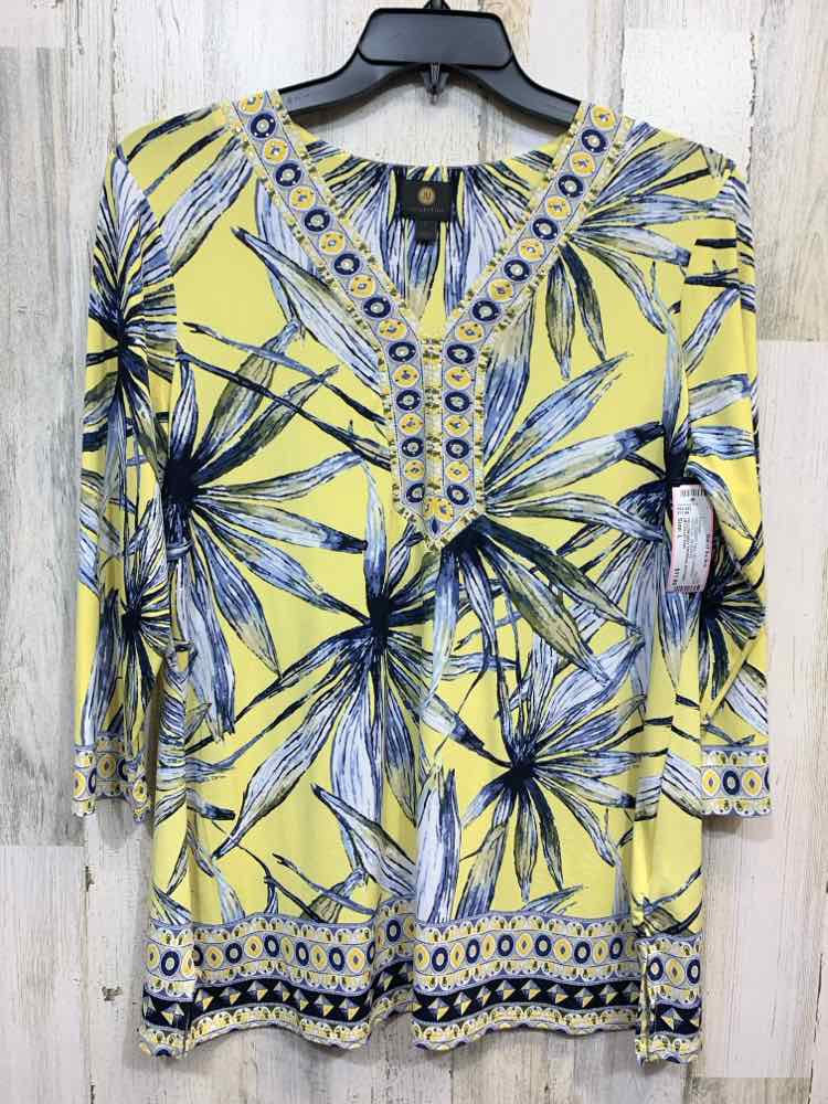 PRE-OWNED JM COLLECTION Tops Size L YELLOW/NAVY TROPICAL 3/4 SLEEVE Cardigan/YEL