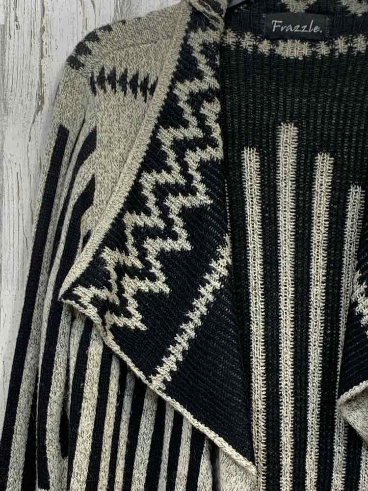 PRE-OWNED FRAZZLE Tops Size M BEG/BLK TRIBAL CARDIGAN Cardigan/OPEN FRONT BEIGE/