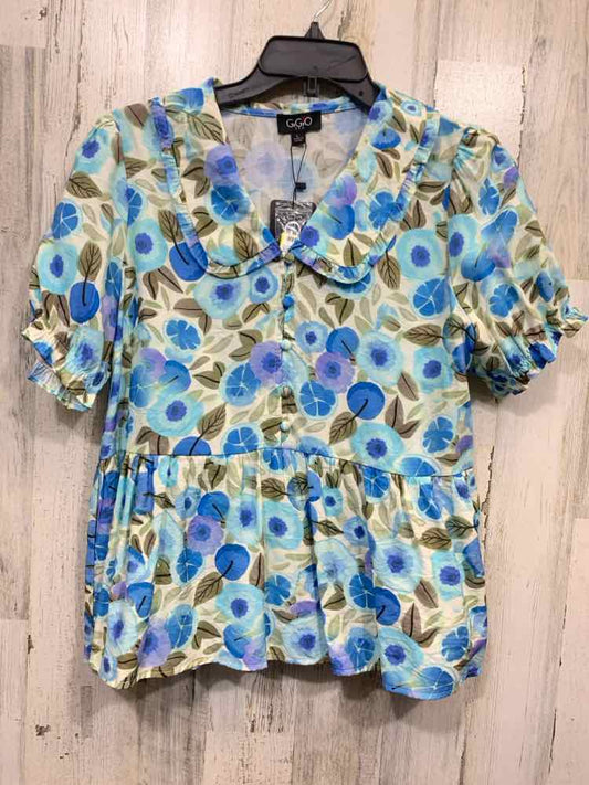 NWT GIGIO Tops Size L WHT/BLU/BRN Floral SHORT SLEEVES/PETER PAN COLLAR Blouse