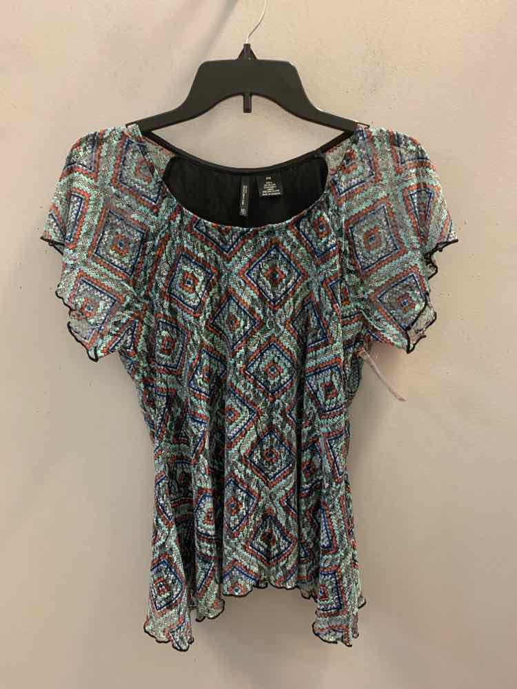 NEW DIRECTION Tops Size PM BLCK/WHITE/ORANGE/BLUE/AQUA BLUE DIAMOND Petite TOP