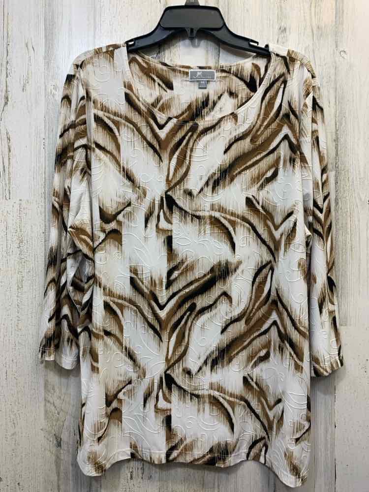 PRE-OWNED JM COLLECTION PLUS SIZES Size 2X TAN/WHT/BLK STROKES 3/4 LENGTH TOP/TA