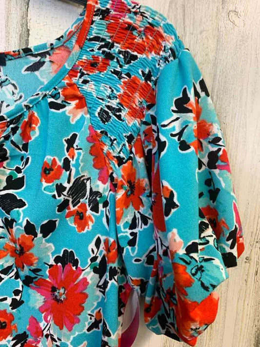 ADRIENNE VITTADINI Tops Size M AQUA/RED/BLK Floral PUFF SLEEVES TOP